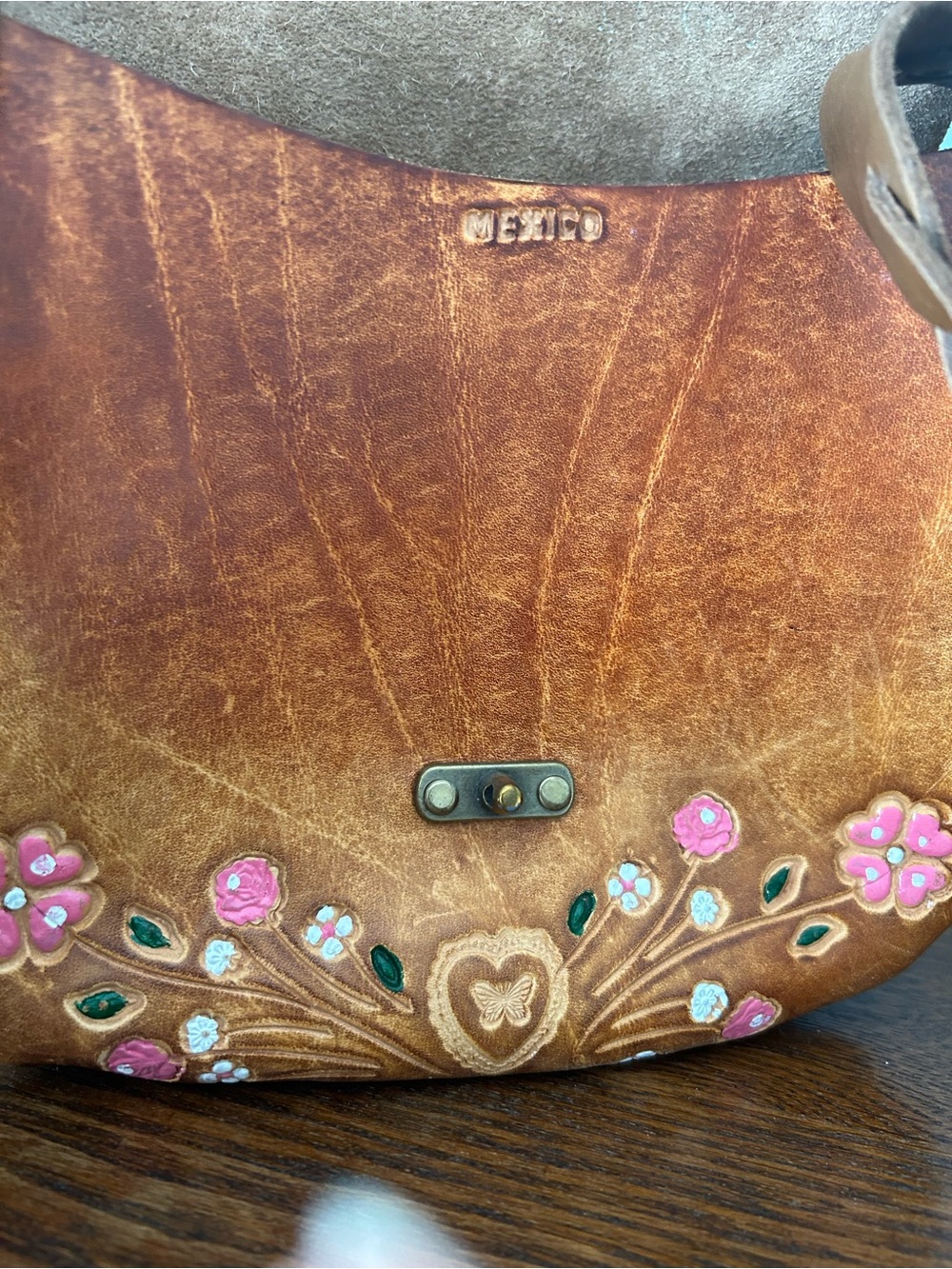 Vintage Hand-Tooled Floral Leather Shoulder Bag - Brown with PaintedPink Accents - Picture 5 of 12